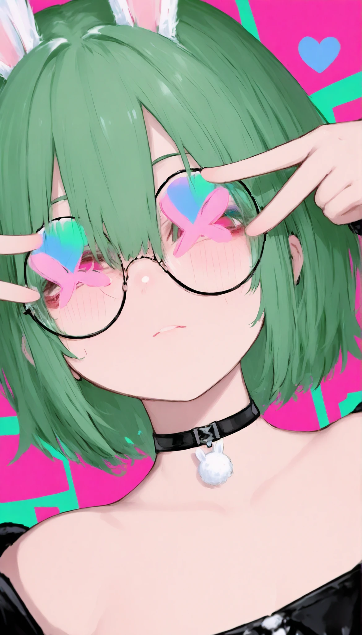 1girl, solo, animal ears, rabbit ears, choker, glasses, round eyewear, green hair, short hair, looking at viewer, hair between eyes, heart, bangs, black choker, dynamic angle, peace sign