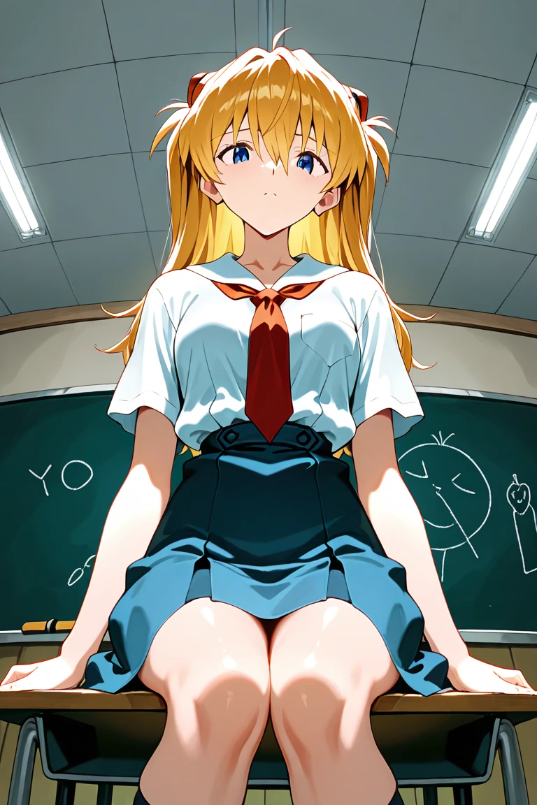 (nsfw), masterpiece, highest quality, High resolution, (To Love-Ru,(Tiayu:1.3),Blonde,Long Straight Hair), 1girl, 1 person, (Topless:1.5), (tits:1.5), (Big Breasts:1.5), (Suit skirt), (Put your arms behind your back), Leaning forward, Are standing, (School,classroom,Pupil,blackboard), smile