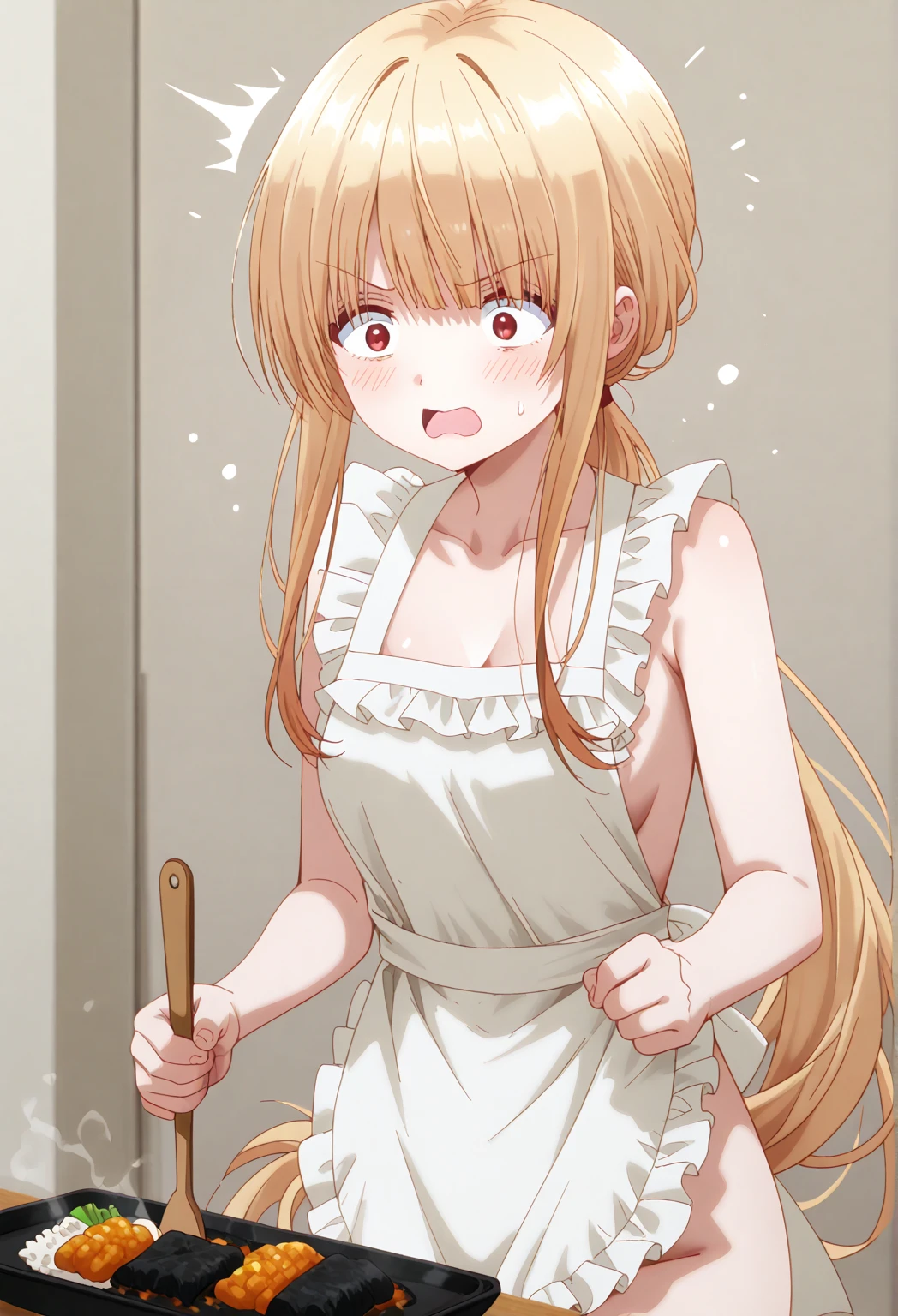 masterpiece, super details, best quality, aaerina, long hair, (naked apron), frilled apron, cleavage, angry, embarrassed, kitchen, cowboy shot