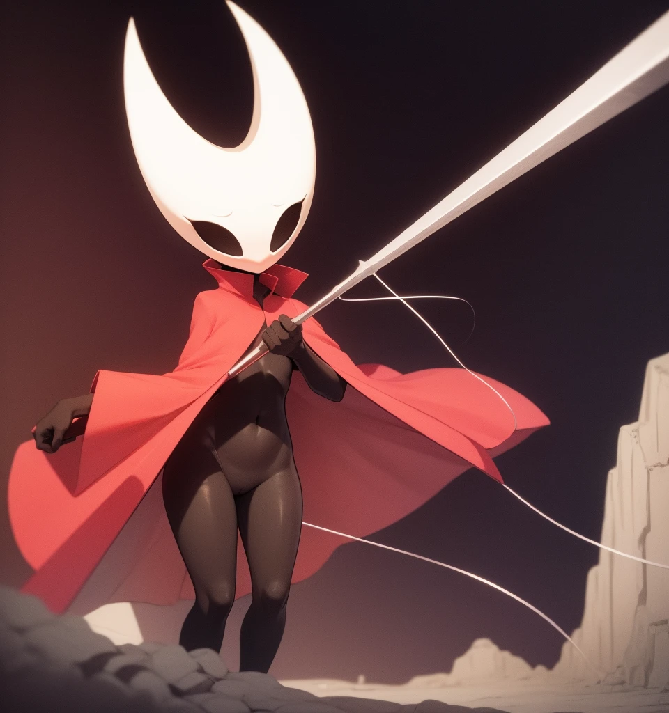 hornet, cute, chibi, no feet, furry girl, slim,anthro, needle weapon, thread, standing, solo,open red cloak, (best quality), (detailed dark cave background:1.2), looking at viewer, holding weapon, flat colors, medium breasts, no nipples, no vagina, sexy body, abs