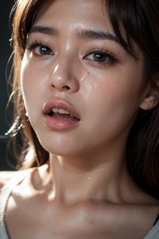 (exquisite features), (Highest quality photos), (Beautiful Eyes), Look in front of you, Thin clavicle,((Highest quality, 8k, masterpiece: 1.3)),, Foam at the mouth、Highly detailed face,、Focus your eyes, Nose and mouth,Face Focus, Woman with open mouth and closed eyes, Face Focusの接写、26 years old,Thin lips、Realistic nostrils、Angle from below、Sweaty skin、Yogurt for glowing skinを強調する照明、Yogurt for glowing skin、Shiny skin、Big eyes、double eyelid、(My tongue is wet and shiny) ((Wet tongue)) ((Berokisu)),In a dark room,Shooting from the air、Exposed nipples、((Small breasts))、Very good、belly button、Sweaty、blush:2.0、