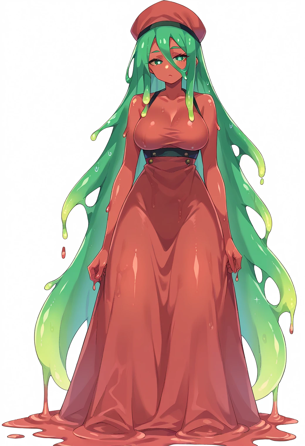 slime girl caminando, blue skin, soft fashion, Long hair with green tips., tentacles, slime tentacles, slime boy, Alone, slimegirl nsfw, My Hero Academia, tentacles, depth of field, Access, detailed, elegant, slime girl. My hero academia School, tentacle glue, full body shot.