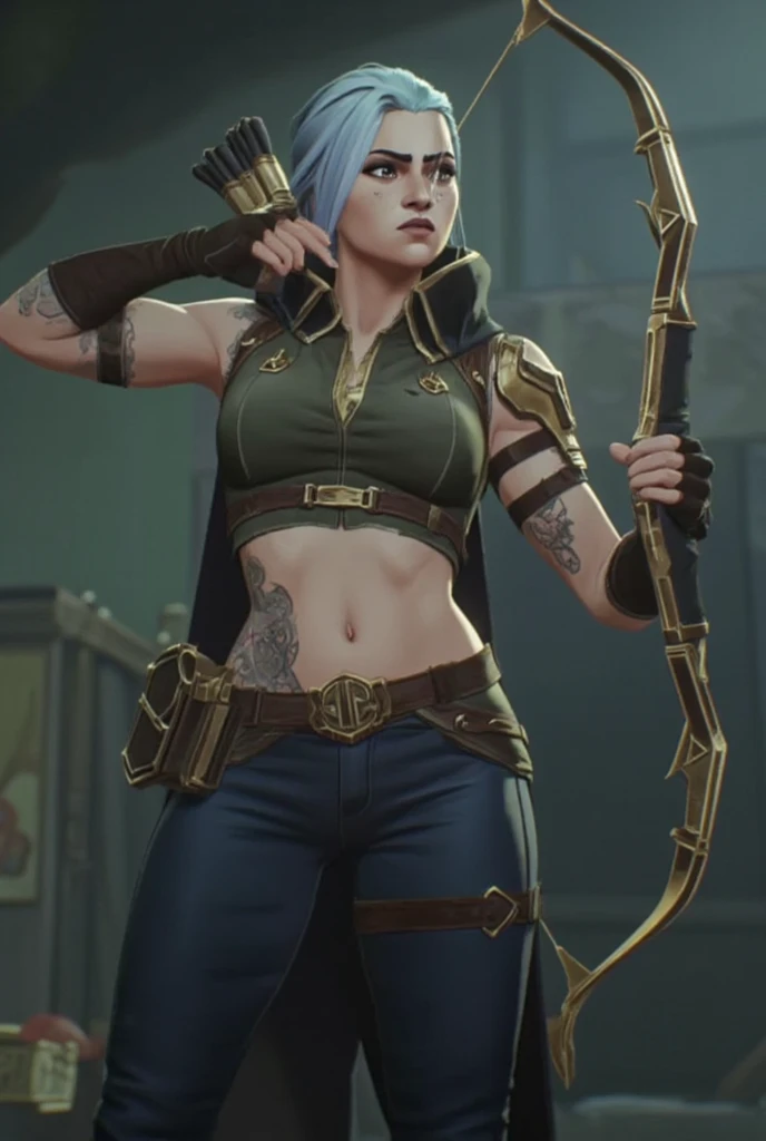 (((Arcane style character))), (face is a combination  of Vi and Caitlin), (Busty), ((wide )), athletic pose holding a bow and arrow, (), dragon tattoos, ((silver-white hair)), (long hair in a ponytail), piercings, high quality, 8K, hi res, realistic, green and gold cropped top, tight blue leather pants, wearing a cloak with a hood