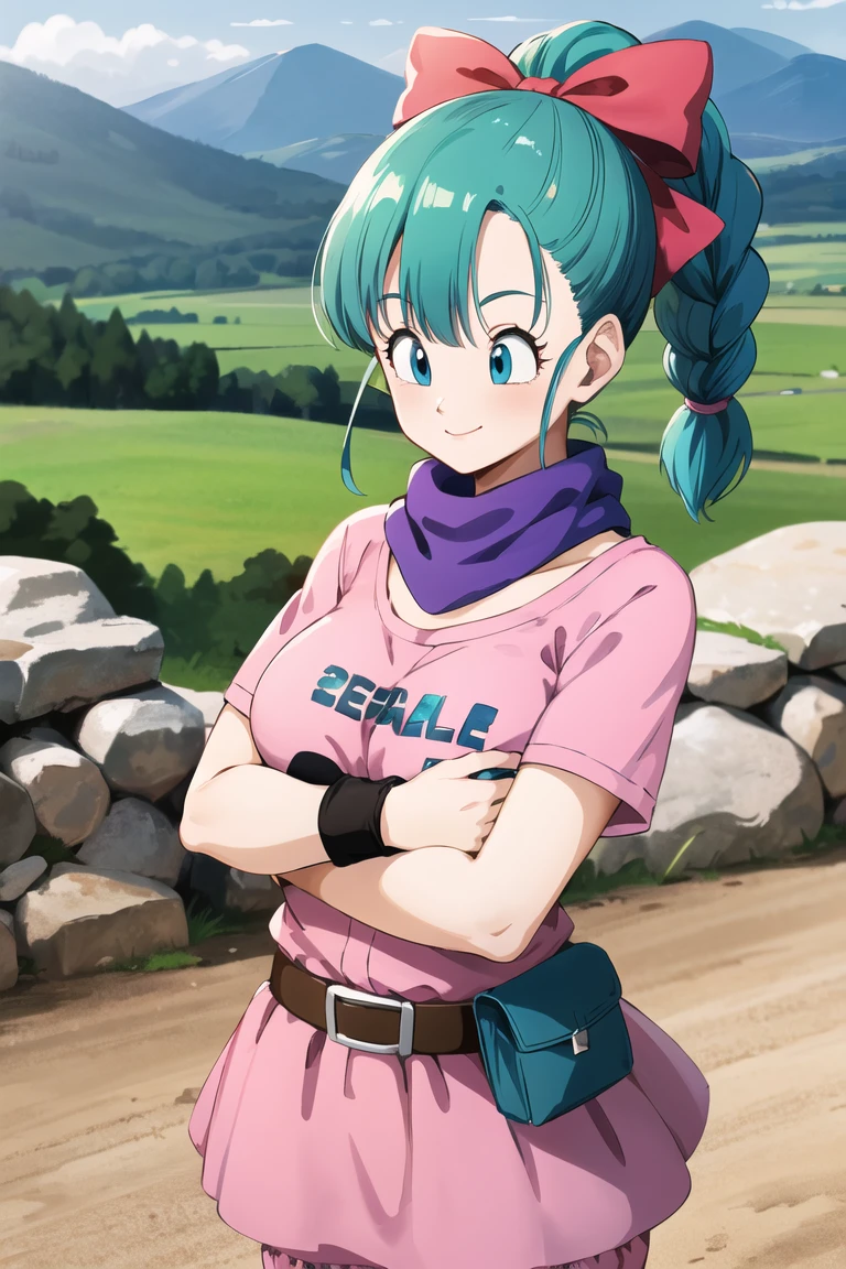 masterpiece, top-quality, hight resolution, dragon balls, blmpony, aqua hair, Hair Ribbon, braided ponytails, a belt, scarf, Brown gloves, medium chest, plein air, cowboy shot,white panties, white bra
