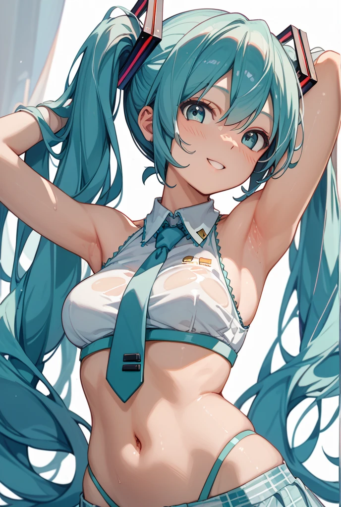 hatsune_miku highres 1girl aqua_eyes aqua_hair ass_visible_through_thighs bikini breasts collar_bikini_miku_(meme) detached_sleeves eyelashes flat_chest flying_sweatdrops hair_between_eyes long_hair meme micro_bikini navel necktie side_ponytail simple_background small_breasts solo striped_bikini striped_clothes swimsuit white_background underboob nipples
