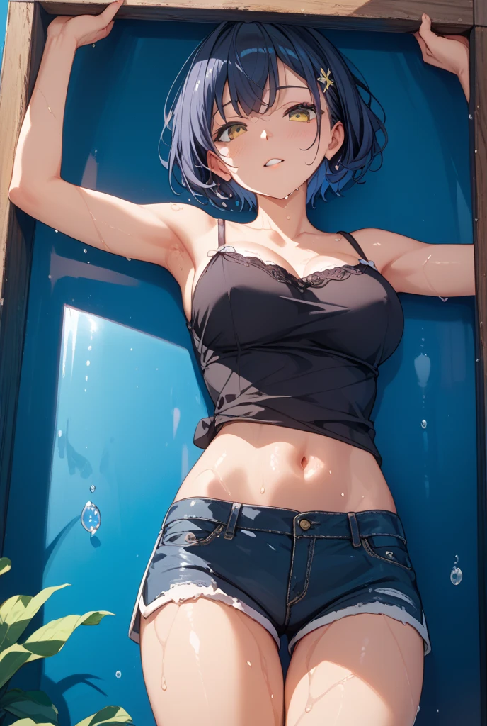 ((masterpiece,Highest quality:1.3)),1woman,25 year old beauty,独奏,((very small head:1.3)),green hair,(short hair),messy hair,bangs,green eyes,gorgeous eyes,shy,medium breasts,((very long body:1.2)),((toned body,slender body,skinny)),gleaming skin,shiny skin,sweat,White tight T-shirt、navel、Grey wet shorts、barefoot、standing,Simple bedroom、