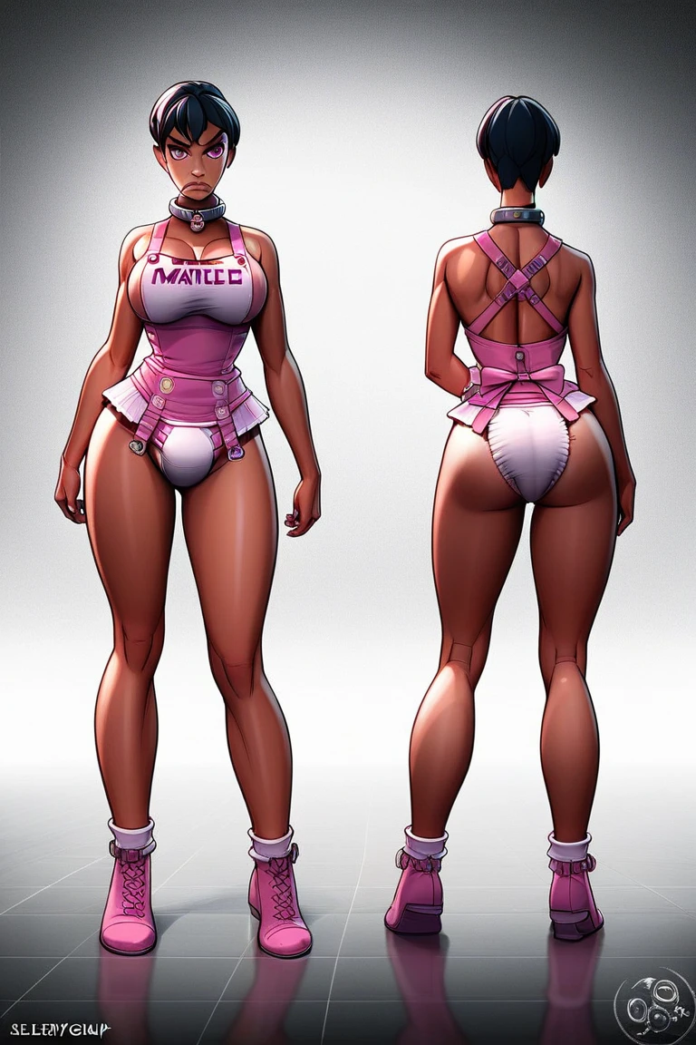 Female original character reference sheet adoptable, pink hair, (short bangs hair:1.36), brown eyes, 1girl, (full body), big Breasts, (((dark skin))),