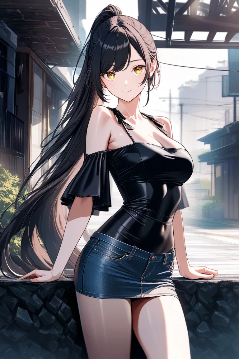 Sakifova,ahoge,of shoulderlack glove,black color hair,gloves on the elbow,Floating hair,mitts,hair adornments,long whitr hair,orange eyeteriors,partially fingerless gloves,无袖,sleeveless shirts,V-shapped eyebrows,Very long hair,skinny pantrunette color hair,pony tails,O cabelo multicolorido,Striped hair,A futuristic,cyber punk perssonage,sakifuwery long skirt, jewely, on the chest,, looking at viewert, hair adornments, choker necklace, is shy, (tmasterpiece,quality,best qualityer,offcial art,Beauty and aesthetics:1.2),(1个Giant Breast Girl),extremedetailed,rich colourful,highest details, (:1.2,)The upper part of the body,From the front,Carmelto, 城市,the street, suns, Clouds,