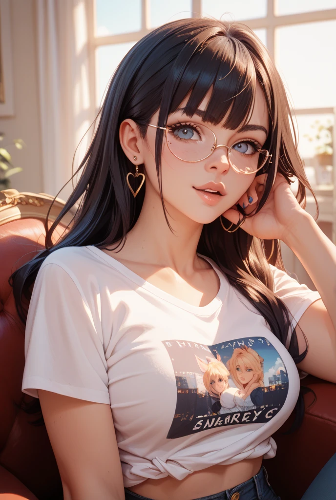 18 year old girl,
long black hair, big eyes, sweet smile, small breasts, thin hips,
glasses, choker collar, unbuttoned white shirt, red bra, jean shorts,
record store, vinyl,
open door, open window,
evening, nighttime
dramatic lighting, cinematic lighting,