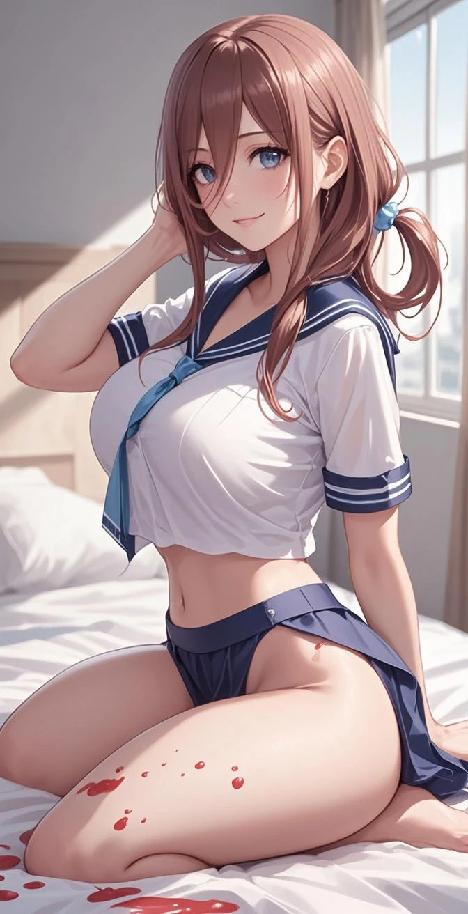 {{{NSFW still shows 1:5]]], R-18, masterpiece, one beautiful girl, 18 years old, JK, sailor suit, super mini skirt, white panties, crotch cleft,, shiny skin, classroom, troubled face, standing figure, brown hair, princess cut, midium hair, bangs, two hands, two legs, anatomically correct body