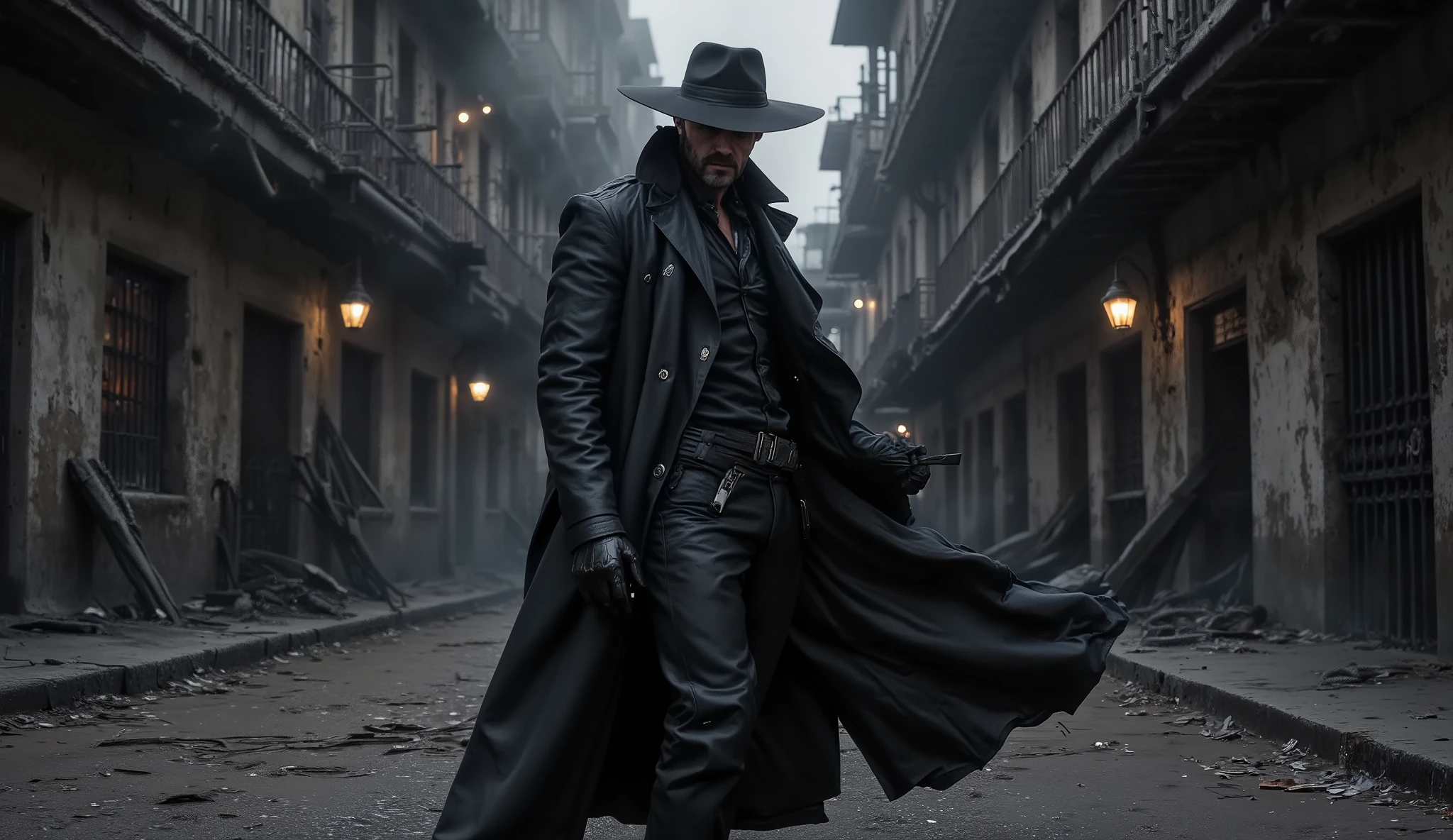 A hyperrealistic, cinematic low-angle shot of JACK CROWLEY, standing imposingly in the shadowy depths of the City of the Dead. His silhouette is framed against a desolate, crumbling cityscape where decaying buildings lean precariously, their windows shattered and their walls clawed by time. Jack Crowley wears a long, flowing black leather overcoat that ripples in the faint breeze, and a wide-brimmed hat tilted forward, casting a shadow over his eyes, leaving only the sharp line of his jaw visible beneath the brim.
The atmosphere is heavy and suffocating, thick with mist that creeps along the cracked stone streets littered with forgotten relics and broken lanterns. Faint embers of light flicker in distant windows, struggling against the oppressive darkness. Shadows stretch long and jagged, distorting across the cobblestones, while the wind whispers through shattered iron gates and skeletal trees.
The scene is captured with a Canon EOS 5D Mark IV using an 85mm f/1.2 lens — ISO 100, shutter speed 1/1000, aperture f/1.2. The low-angle perspective emphasizes Jack Crowley’s dominance over the desolate streets, while the shallow depth of field sharpens his outline and the flowing leather of his coat, rendering the grim environment in soft, cinematic haze.
Style: Hyperrealistic cinematic photography, dark Western atmosphere, dramatic low-angle shot, shallow depth of field
Keywords: Jack Crowley, black leather overcoat, wide hat, City of the Dead, low-angle shot, cinematic lighting, shallow depth of field, Canon EOS 5D Mark IV, 85mm f/1.2 lens, fog, shadows, ruins