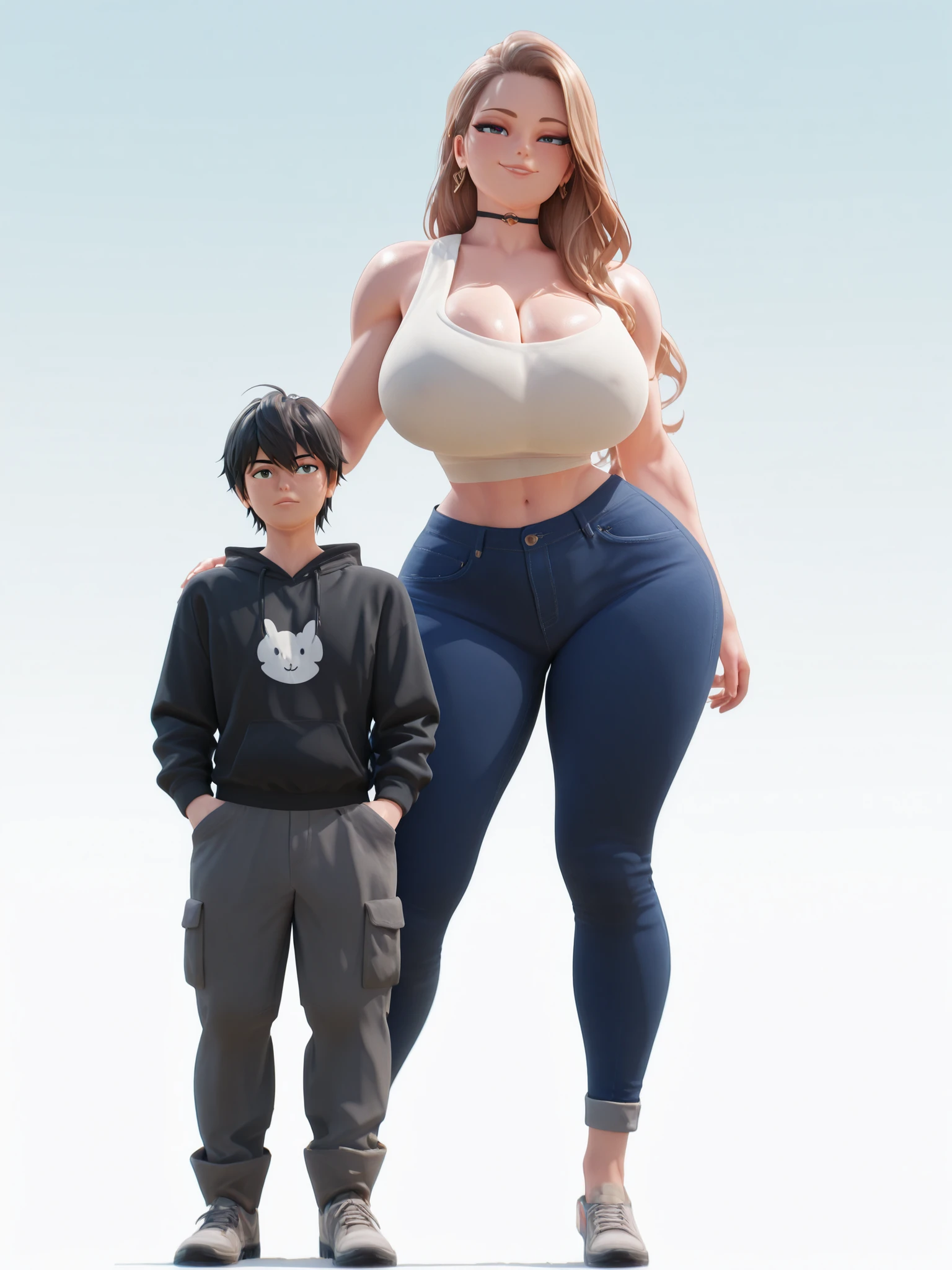 Anime-style full-body artwork of two characters standing side by side. The taller character is a curvy, voluptuous woman with a narrow waist, large chest, and wide hips, matching the exact proportions of a stylized female figure with exaggerated height (about 210 cm). She has long, flowing hair, elegant posture, and a confident expression. The shorter character is a muscular, athletic male (about 165 cm tall), with broad shoulders and thick limbs, standing casually beside her with a slightly smug or relaxed expression. Their proportions match the original sketch with a significant height difference. Both characters are in modern casual outfits: the woman wears tight jeans and a crop top, and the man wears a hoodie and cargo pants. Background is a simple soft gradient. High-detail anime style.