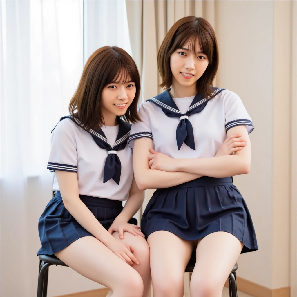 2 girls on desk in wooden school classroom,white plain t-shirt with blue trim,blue swimming briefs,hands on crotch,spreading legs apart,18-year-old,bangs,a little smile,large bare thighs,knees,short hair with low pigtails,from before,front light