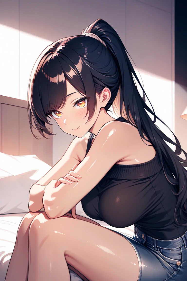 Girl,cute,kawaii,Chest to head,smile,Straight Hair,Long Hair,Black Hair,sitting,Bedroom,bra top,looking at the camera,night,put index finger on mouth