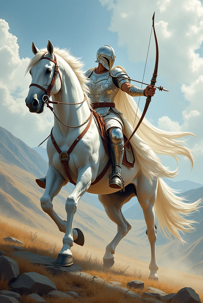 A white horse, Its riders are armed with bows and arrows, and was awarded the crown; He rides like a winner determined to win, Practical, 8K
