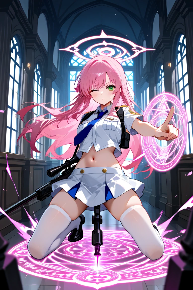 ((masterpiece))) whole body, whole body Shot (One Girl) ((Pink Hair, Long Hair, Straight hair, Both sides up))), ((Green Eyes))), eye shadow, eyeliner, Glow Eye, Hyper Detail Eye, Complex eyes, Beautiful Eyes, Fine grain, (((Star-shaped pupils, Shining pink eyes))) 18-year-old girl. (Wearing a transparent PVC jacket)) huge cool weapon mechanical in hand, huge cool weapon mechanical, Mecha, Mechaanism, mechanical, Open Stance, Coalesce
