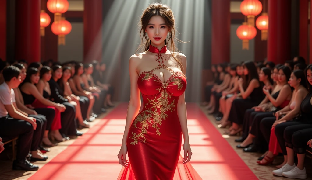 Chinese woman wearing China dress, Very detailed decorations, (((masterpiece))), ((Highest quality)), ((Intricately detailed)), ((ultra-realistic)),, Absurd resolution, Mature Woman, Young Woman, perspective, Very detailed, figure,, (gigantic Breasts:1.3), ((tight waist:1.5))、Perfect hands, Detailed fingers, Beautiful attention to detail, updo, Brown eyes,(China dress:1.2), Earrings, Detailed Background, Perfect Eyes, Seductive eyes, Are standing,( Looking at the audience:1.6),(View from below:1.2)