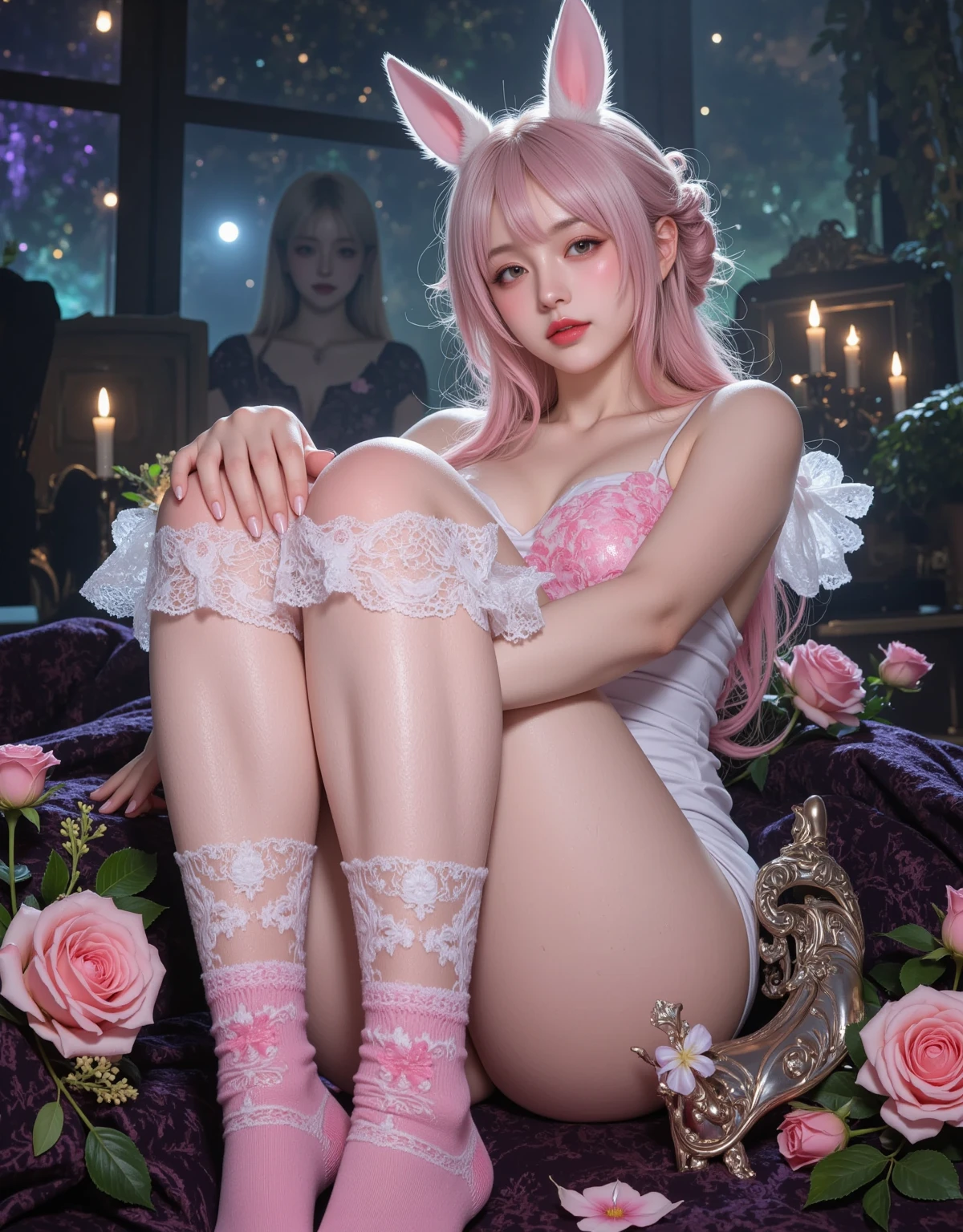 (msterpiece:1.3), (8k, RAW photo, best quality: 1.4), beautiful face, beautiful hairstyle, beautiful detailed eyes, beautiful skin, absurdres, attractive, ultra high res, highly detailed,NSFW, 2 girls in abandoned underground basement,vagina close up,necklace,arms behind back,evil smile, ultra detailed skin,Heavy makeup, flower hairpin,colorful patterned lace dress, dirty ground,on bed,bondage, exposed pussy,long straight hair,blood, vagina spurting blood,slim legs,knife,vaginal knife insertion,