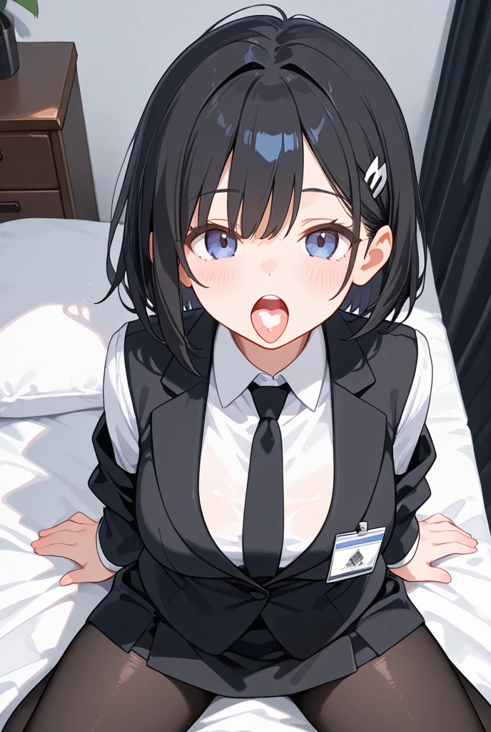 one girl, black hair, short hair, blue eyes, high school student, school blazer, naive, necktie, foggy, aphrodisiac, open mouth, drool, nsfw, small breasts, sex, at hotel, bedroom