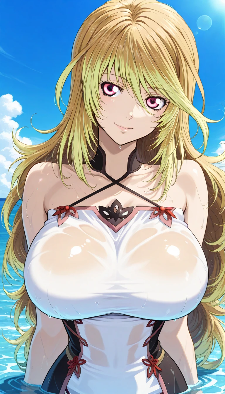 Masterpiece, best quality, highly detailed, highres, 8K, natural lighting, 1 girl, blonde hair, ahoge, ruby eyes, huge breast, black tank top, mini short pants, she wet, sexy pose, outdoor , detailed eyes, perfect eyes colors, full body shoot, detailed eyes, detailed finger shape, the number of fingers is not excessive