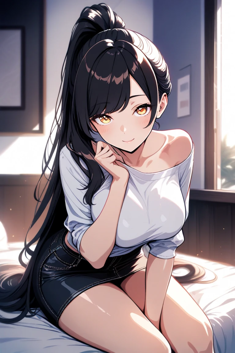 look back、Upper Body, Realistic, real person, (pale skin: 1.2), RAW photo, photorealistic, shiny skin, shiny hair、(A 25-year-old woman with medium-length hair and bangs) and (wavy hair) and (brown hair) and (orange eyes) , Wearing a white tank top 、smile, The background is the living room、Alone、Are standing