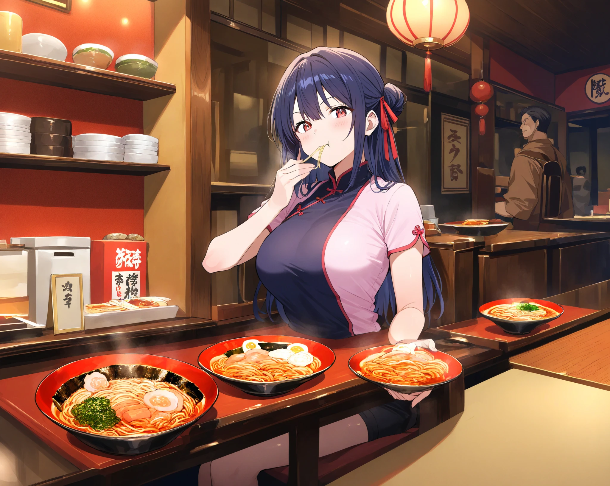 Two sisters in underwear and two men in suits eat Chinese food with gusto、Big boobs and small boobs、A thin cute blue bra、Thin cute blue underwear、Large serving of salt ramen, fried rice and gyoza set meal、Beer in a mug、