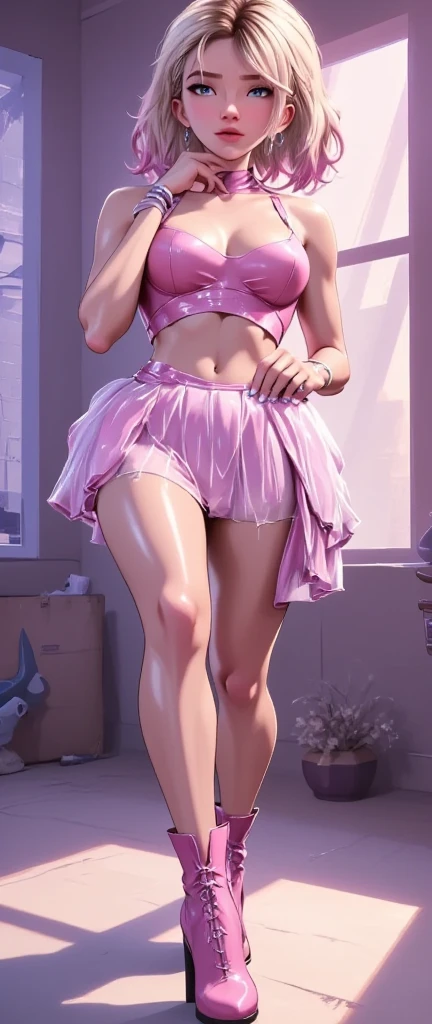 masterpiece, Highest quality, 8k, Realistic, Pink blank background, (1girl:1.3), (Photo from the waist up:1.3), (profile, Brown Hair, Short ponytail, White sun visor:1.3), (Very tight pink latex polo shirt, Tight white mini skirt, Camel Toe:1.3), (flat chest:1.3), (Narrow waist:1.3), (Thick thighs:1.5), (Both armpits are visible, Anatomically correct, Accurate Anatomy:1.2), (Stand with your feet shoulder-width apart:1.3), Inner thighs, Smiling with some teeth showing, (Shooting from below:1.3)