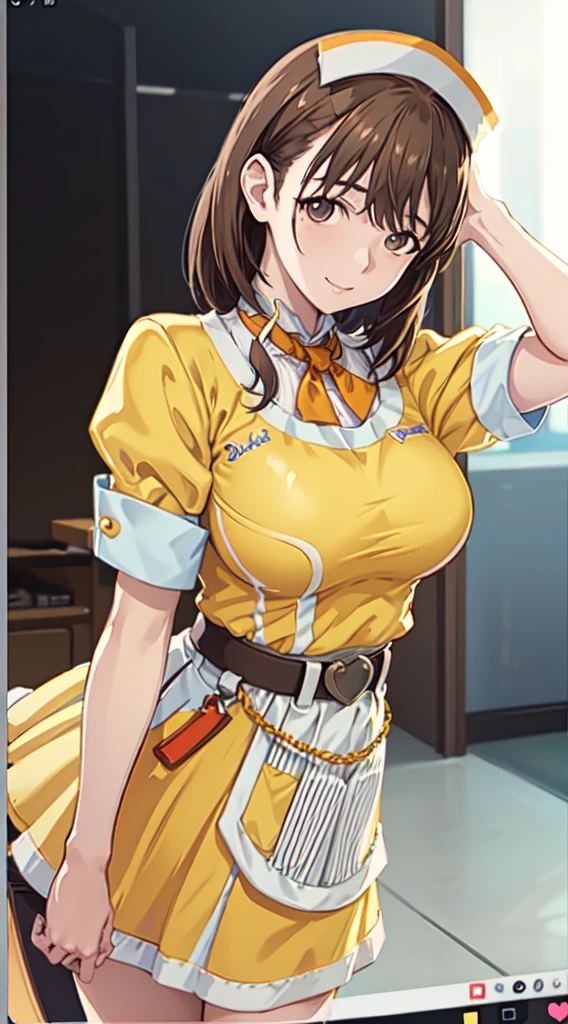 Big anime girl posing in front of the window, (((Waitress Uniform: 1.2)))), ((Yellow Uniform)), ((No Bra)), (Full smile)), ((Upper Body)), ((large breasts)), ((Focus on People)), ((Brown Hair)), ((Look from the front)), (Hands down)), Seductive anime girls, Best Anime 4k Konachan wallpapers, perfect gray haired girls, charming anime girls, 4k anime wallpapers, 4k manga wallpapers, , detailed digital anime art, anime best girls, beautiful anime girls, cyberpunk, detailed anime artwork, beautiful charming anime women