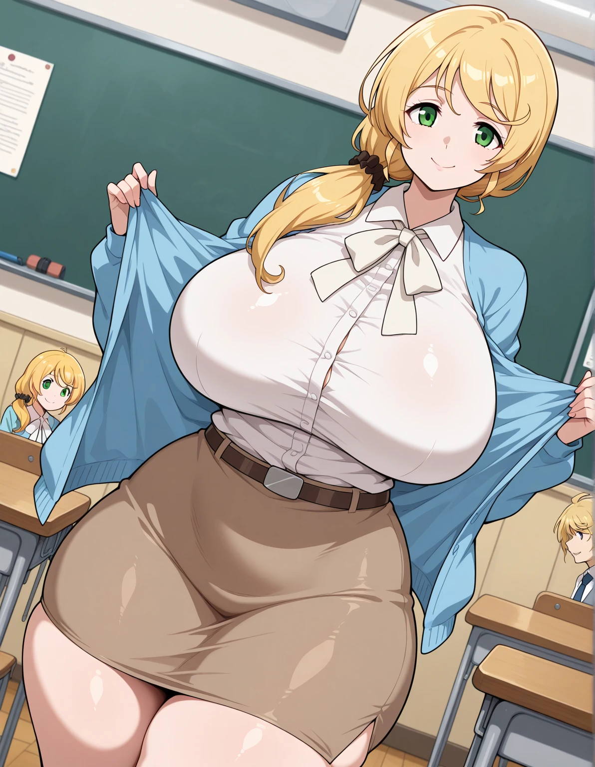 amicia michella - nijisanji, 1girl, (((bimbo))), brown short hair, yellow inner hair, wavy hair, green eyes, (((bimbo))), thin lips, painted lips, shy smile face, wide hips, thick thighs, huge round ass, shiny oily breasts, white shirt,black skirt, thigh high, garter, full body, dynamic pose, office, nsfw