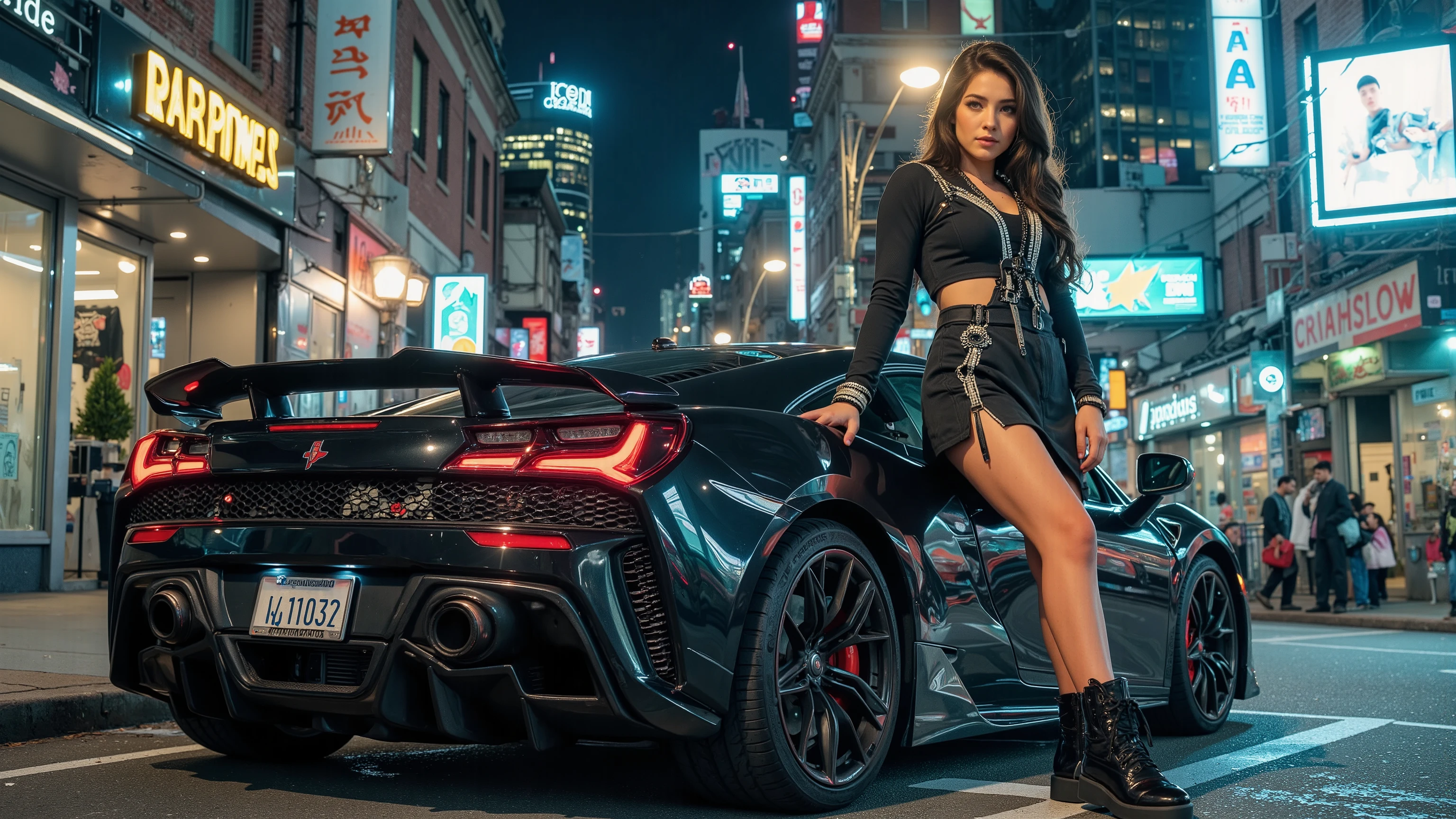 A photo of a young woman standing in a futuristic city, posing, leaning on a futuristic sports car (the car's brand name is "Dream Diffusion" and the car's model name is "Anime"), in a western futuristic city at night. She wears a futuristic outfit (adorned with intricate neon), high-heels and intricate rich jewellery. Her hair is beautifully styled. She has an highly defined body, highly defined muscles, extremely detailed realistic natural skin with skin pores, shiny skin, perfect hands, perfect eyes, ultra detailed body, ultra detailed face, ultra detailed feet, ultra detailed hands, ultra detailed eyes. Autumn, wind, horizon, sharp light and shadows, sci-fi, cityscape, panorama. Breathtaking attention to details, neon lights, RAW photo, photorealistic, ray tracing, UHD, DSLR, 16K, HDR, cinematic, masterpiece, award winning.