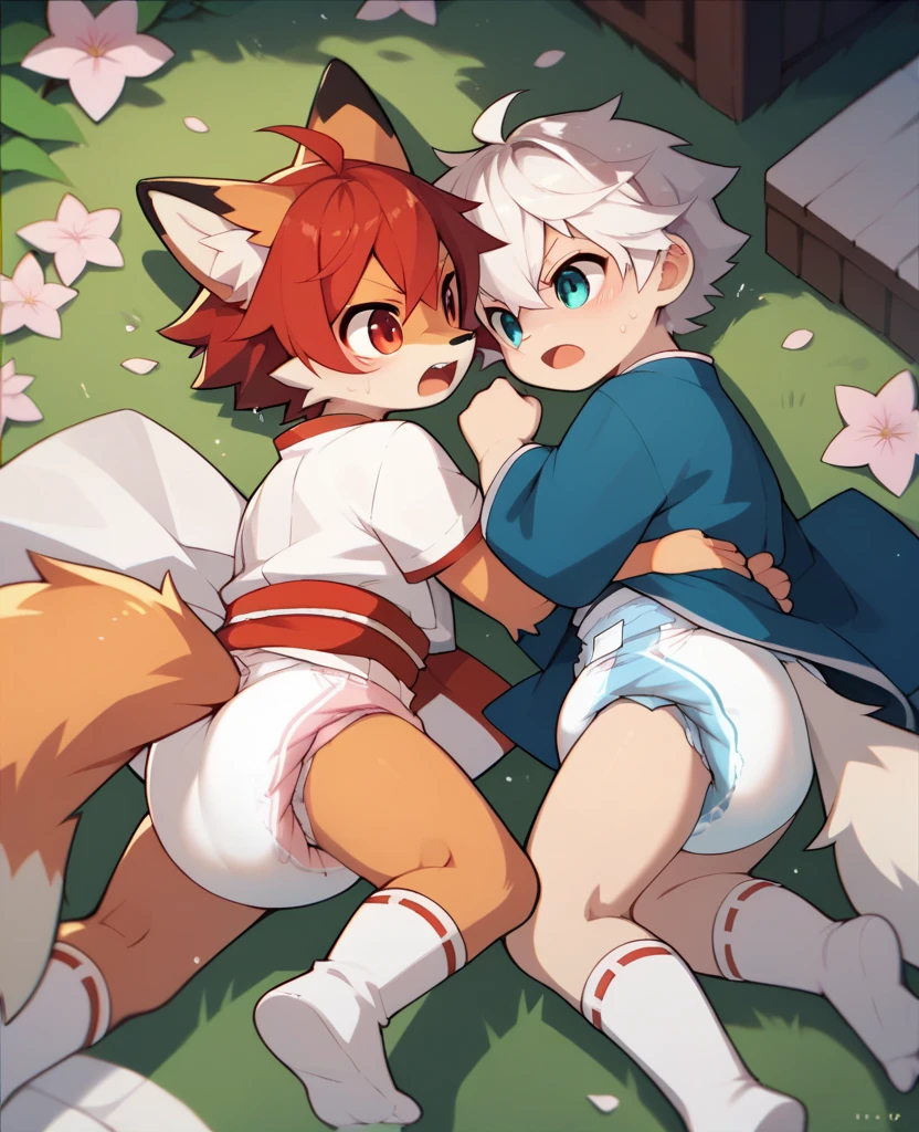 Anime style drawing of a boy lying on the ground holding a gun, Concept Art:Shingei, Pixiv, fur art, kemono, High quality fan art, Zero-chan art, Fox McCloud, Spectacular anime style, Zero-chan, Furry, Hula Infinity Commission, trigger anime art style, Danganronpa digital art