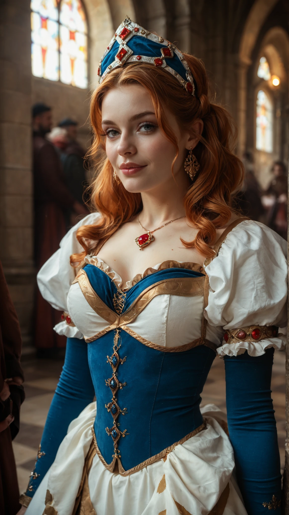 A beautiful young Scottish girl dressed in a tight harlequin costume, entertain the audience of a medieval palace with an audience of honorable nobles.
