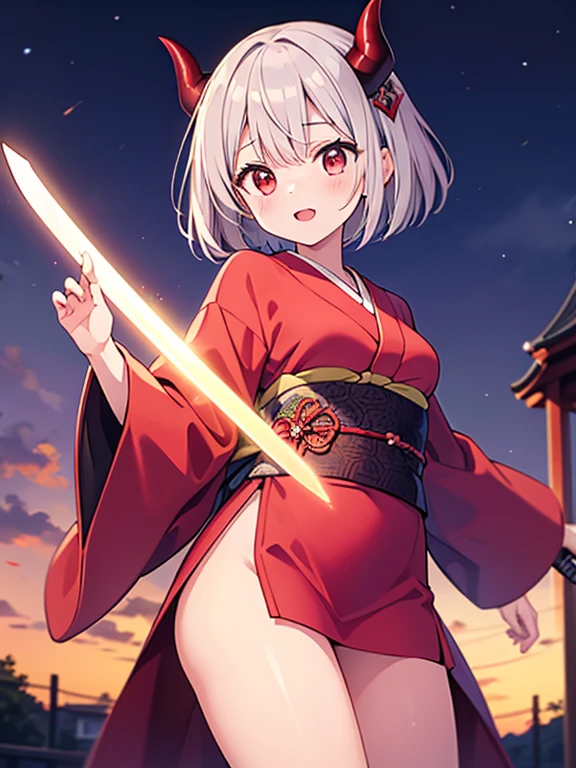 short-hair　Silvery hair　Samurai　Kimono　teens girl　kawaii faces　long blade Japanese sword　Single person　Sword posture