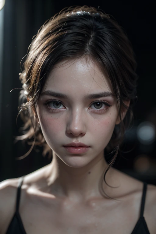 masterpiece, best quality, (dark photo:1.3), photorealistic, 1girl in a lace cami, flat bangs, stunning innocent symmetry face, emotional, ulzzang, (PureErosFace_V1:0.7)