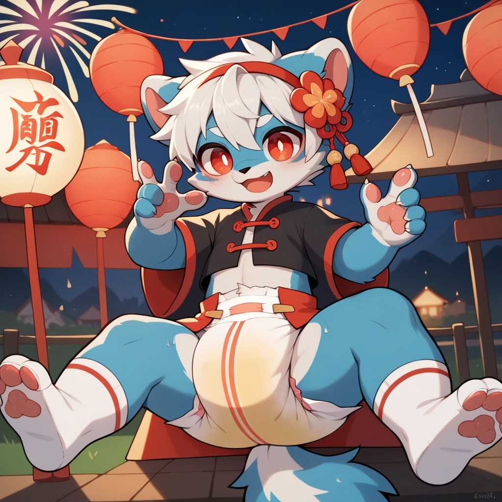 (epic, dynamic angle)top quality, best quality, High-quality illustrations, masterpiece, japanese shrine gate, Stalls, night, festival music, (kemono, super handsome 1boy, solo focus)(furry anthro)(highly detailed beautiful face and eyes)absurdres, perfect anatomy, smile, happy, dynamic angle, kemoshota, naked micro fundoshi, directly underneath view, under his fundoshi, looking down, from ground point of view