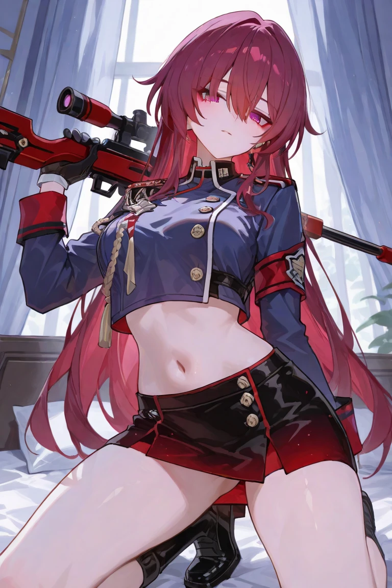 young girl, suntanned skin, Long red hair, violet eyes, open torso, Assassin's Clothes, Smile, Masterpiece, hiquality