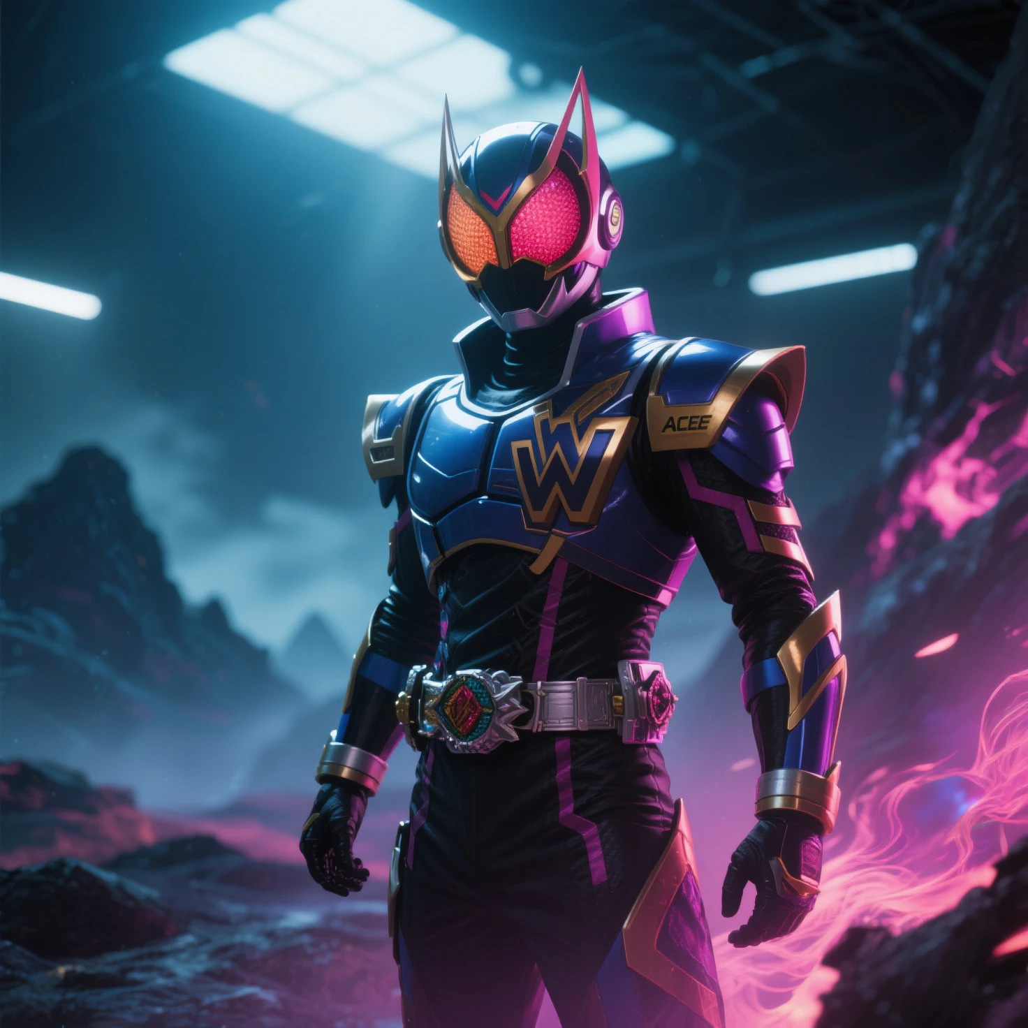gloomy portrait of Pink Ranger from Power Rangers, with intricate angular cybernetic implants inside a brutalist building, gothic brutalist cathedral, cyberpunk, award-winning photo, bokeh, neon lights, cybernetic limb