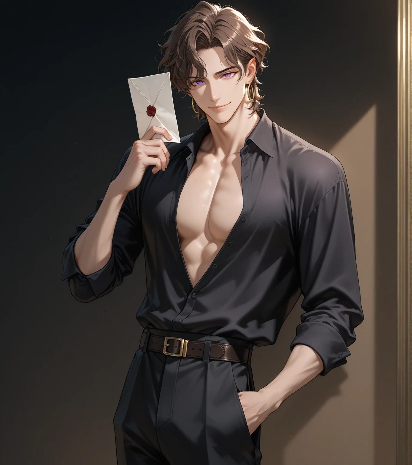 Young guy, short brown hair, Cyan eyes, Black suit with gold elements, Masterpiece, hiquality
