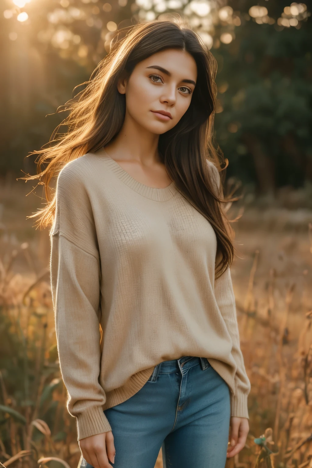 21-year-old digital woman, long dark hair, wearing a soft oversized beige sweater and high-waisted light blue jeans, standing in golden-hour light, casual modern styling, soft breeze in her hair, minimal natural makeup, calm and reflective expression, surrounded by soft focus nature or urban park background, vertical 9:16 portrait, cinematic soft lighting