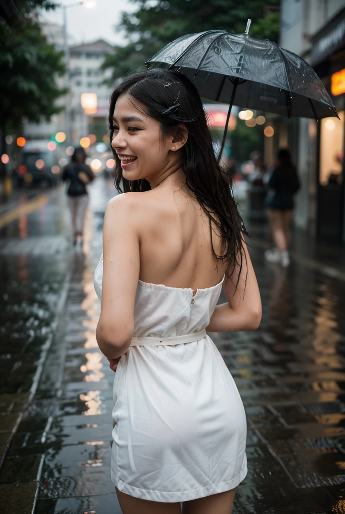 Central focus on a stylish Asian female model in a tastefully elegant white dress with a flattering neckline that is neither too formal nor too revealing, standing confidently in chic high heels that complement the dress, holding a designer umbrella, embraced by the drama of a torrential downpour on a glistening wet cobblestone city street, with raindrops and falling leaves swirling in the air, set against a backdrop of towering skyscrapers and neon lights reflecting off the wet surfaces, under 
