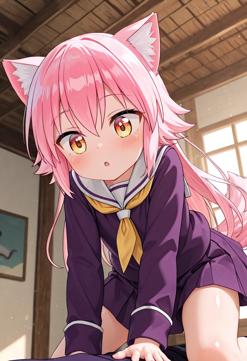Score_9, Score_8_up, Score_7_up, Score_6_up, Score_5_up, Score_4_up, source_anime, 1girl, anime style, anime screencap, ranka, 1girl, animal ears, wolf girl, wolf ears, wolf tail, tail, , pink hair, skirt, long hair, animal ear fluff, serafuku, pleated skirt, neckerchief, pussy juice, cute, excited, horny, heavy breathing, on chair, pov, cleft of venus, female masturbation, penis, fingering