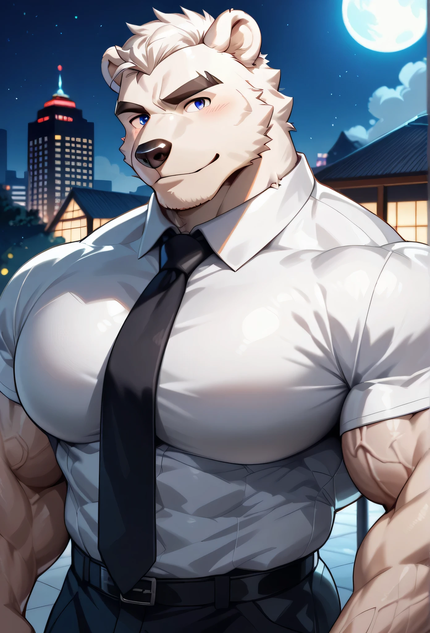 (Best quality),(materpiece), (Bara), (furry), ((Muscular polar bear in tight white shirt and tie, along with a fancy black suit)), on the roof top of a building at night, (sexy), handsome, ((portrait)), (huge muscular pec),(anime style),(veiny arm),(cute)