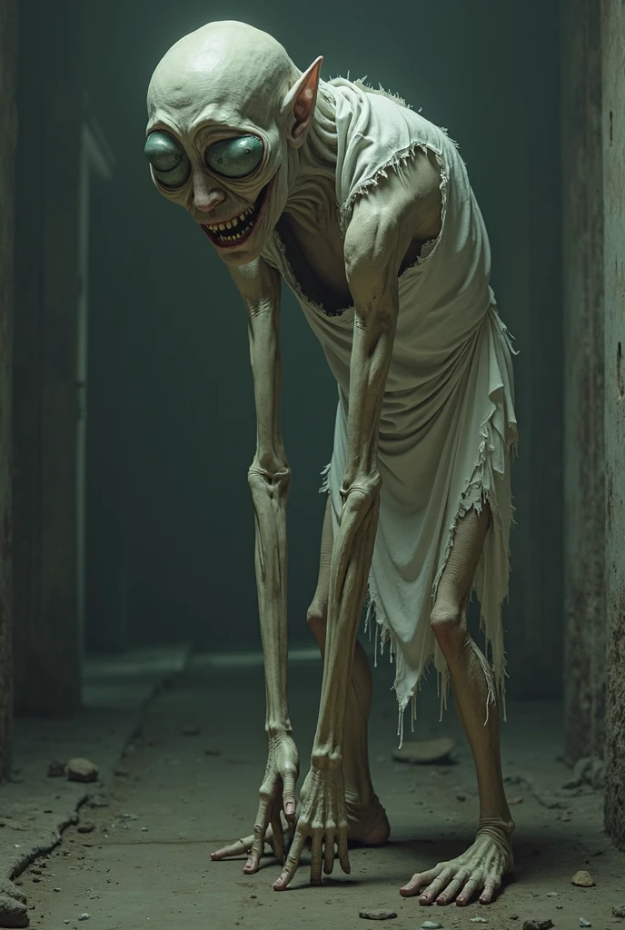 Thin man with a crushed and crooked head, sweeping the floor