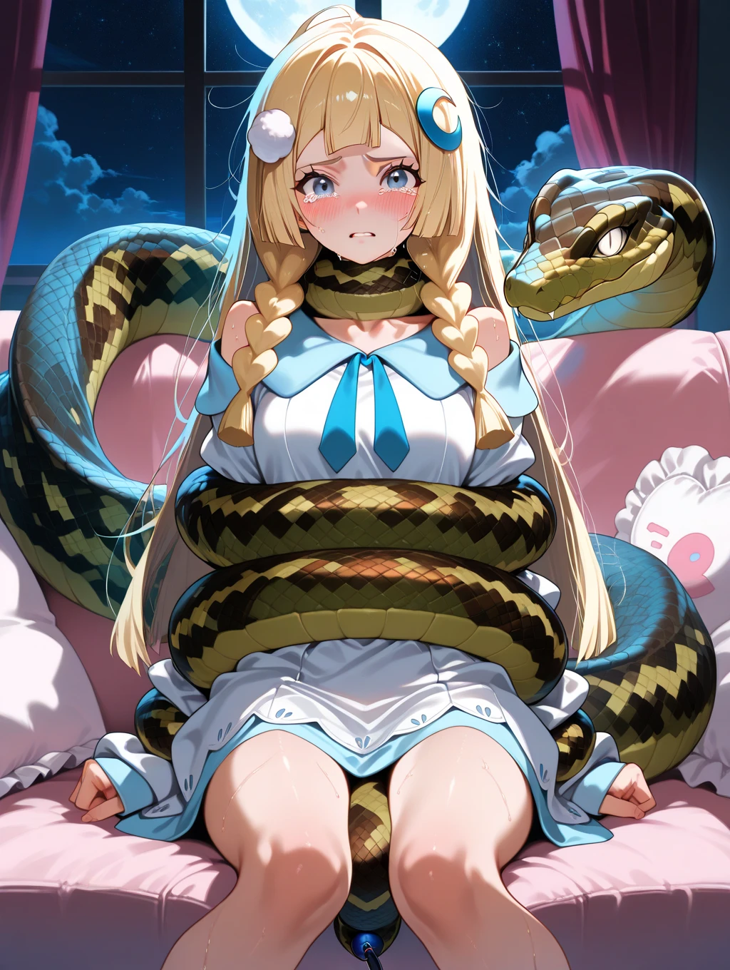 masterpiece, best quality, highres, illustration, highly detailed, blonde hair, twin braids, length hair, messy hair, unique hair detailed, 1 girl, solo, Lillie(Pokemon), beautiful detailed eyes, cleavage, snake, (anaconda), (coiled), snake scales detailed, wrapped tightly, restrained, scared face, crying, nude, breasts out