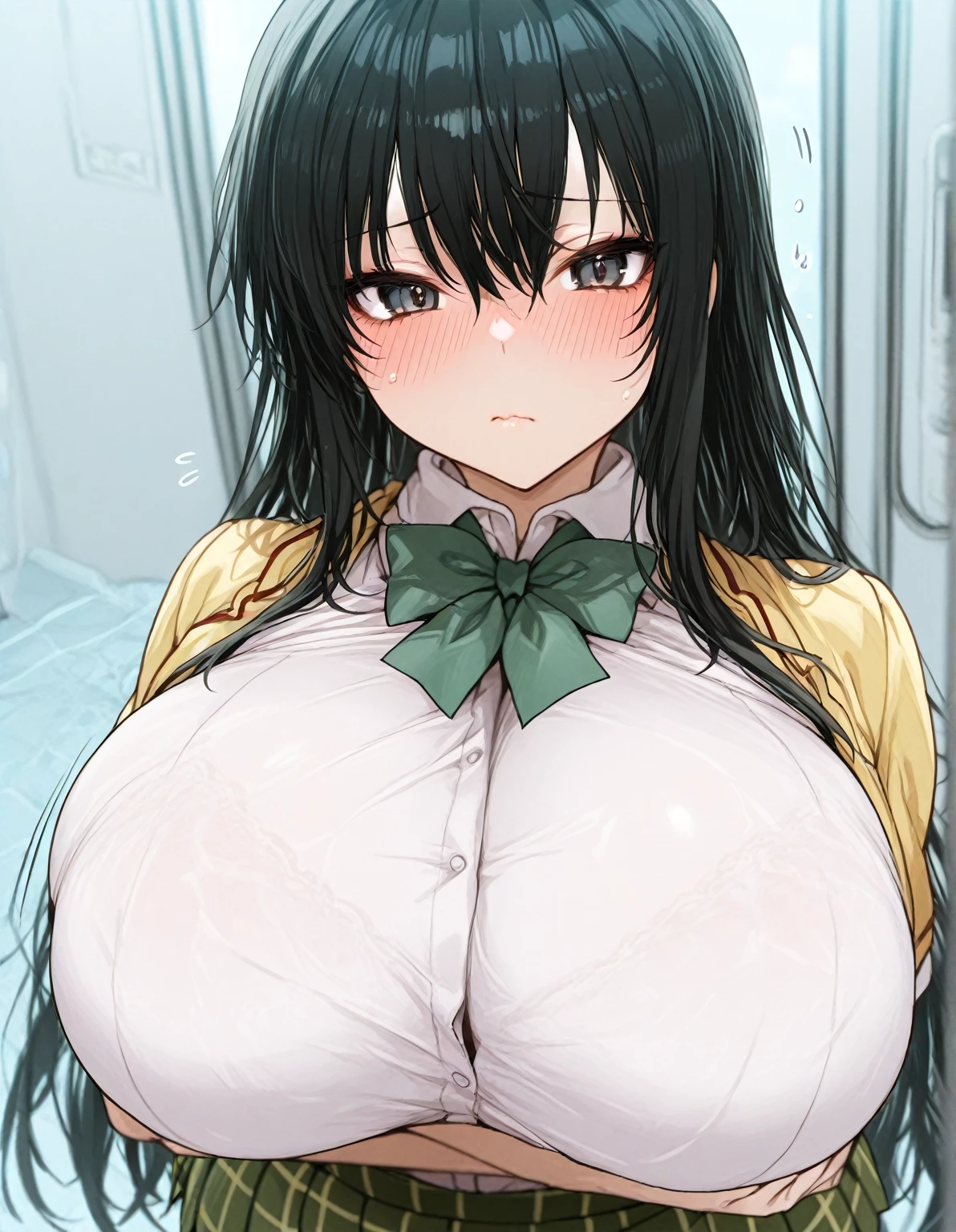 Black bob hair、hairpin、high school girl、Anxious expression、、Large Breasts、Soft Breastan behind、((My breasts are massaged vigorously up and down from behind:1.7))、Saggy breasts、Light pink nipples