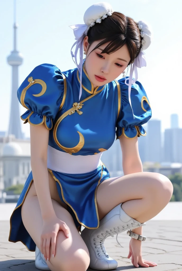 《Street Fight II》Chun-Li,Perfect Chun-Li Costume,Blue and gold thread cheongsam,Bun head,Good cover,Fighting Stance,ハイKick,Kick、Lift your legs,masterpiece、1 beautiful girl、beautiful eyes、Puffy eyes、best quality, 超high resolution, (Reality: 1.4), light、Super beautiful、Beautiful skin、turn body forward、(超Reality的な)、(high resolution)、(8K)、(Very detailed)、(美しくbeautiful eyes)、(Super detailed)、 (wall-)、Delicate face、明亮的light、Professional lighting、Looking at the audience、Direct vision、Tilted stone sculpture, best quality, masterpiece, best quality, Perfect face, Perfect brown eyes and white sclera, Bad Move - 5, Solitary, 1 girl, Upper Body, brown hair, From SF2, Chinese service, Smile, muscular woman, Blue clothes, Pantyhose, Pelvic Curtain, Full short sleeves, Good cover, sash, Evaluate: