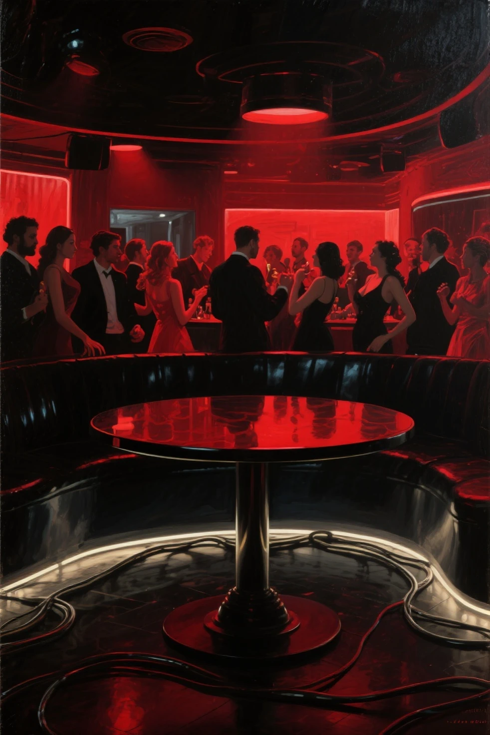 image with a classic Renaissance painting style, party scene inside a modern club, low lighting,, a lot of black and red, (red must prevail over any color) The bottom of a table should appear in the foreground and there are light cables on the floor.