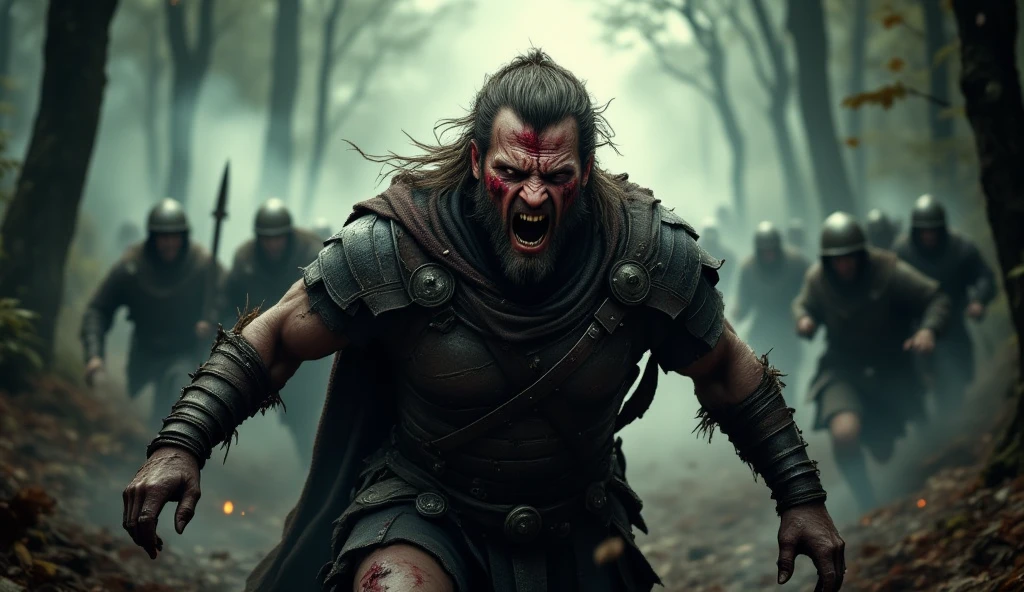 ultra reality, bearded barbarian man, a man standing on a pile of dead humans,holding a knife in both hands,bloody handsinjured, some bruises, bleeding, fighting, in a city, dark lighting