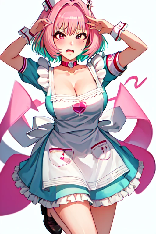 best quality, masterpiece, highres, solo, {yumemi_riamu_idolmastercinderellagirls:1.15}, pink_hair, multicolored_hair, two-tone_hair, bangs, blue_hair, pink_eyes, short_hair, ahoge, hair_intakes, blush, breasts, open_mouth, large_breasts, fang, heart, collarbone, jewelry