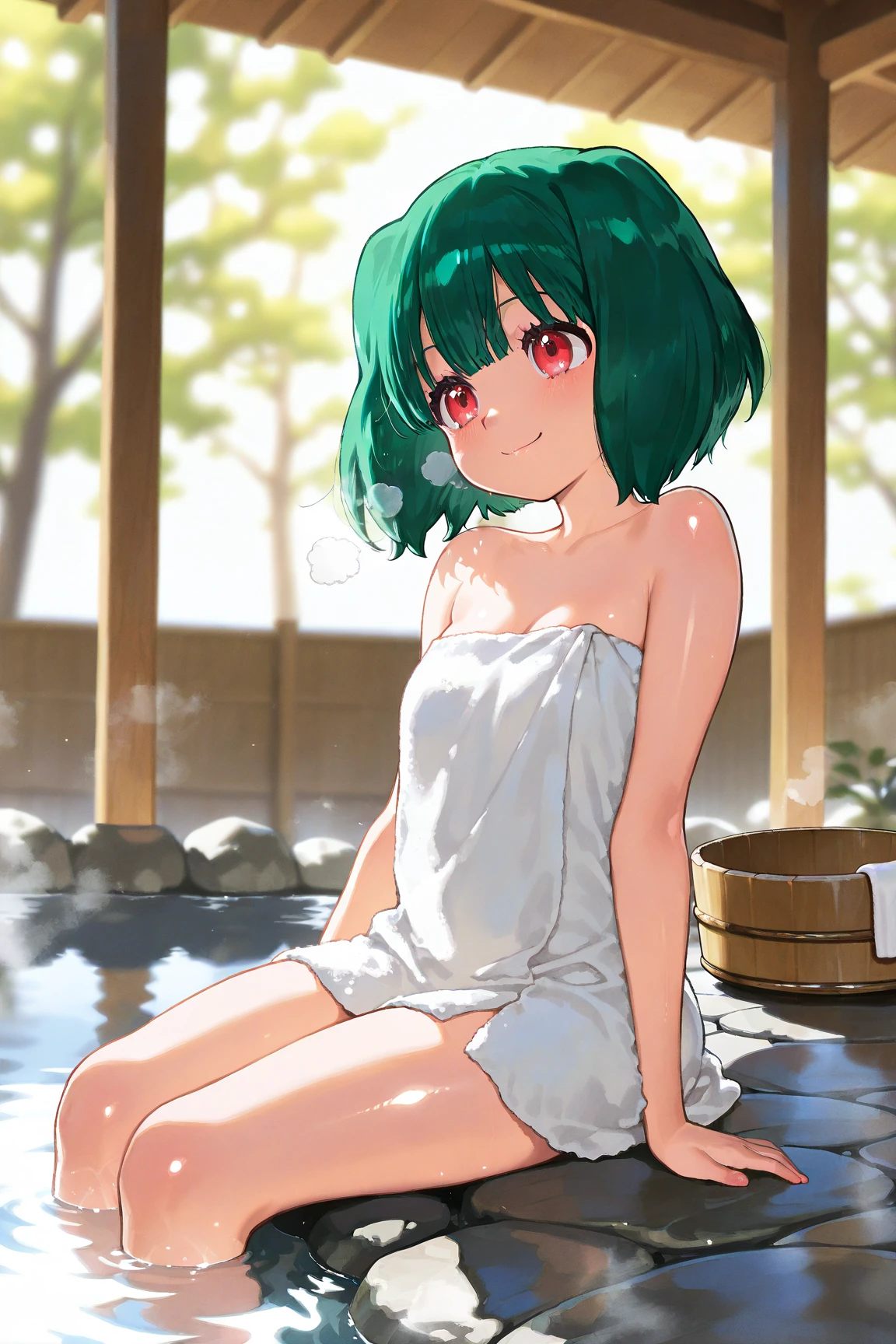 Girl sitting on a sauna bench、Six Pack Abs、Shiny skin、Wooden wall、smile、Highest quality、masterpiece、alone、bikini、Bobcut、thin、Sweaty、vapor、Open your mouth、blush